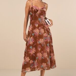 Lulus Coveted Grace Brown Velvet Burnout Bustier Midi Dress - Size XS